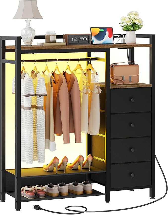 Bedroom Dresser with Clothes Rack, 4 Drawer Dresser with Charging Station and LED Light, Chest of Drawers for Bedroom, Closet Organizer with Hanging Rack and 2-Tier Shoe Rack, Rustic Brown
