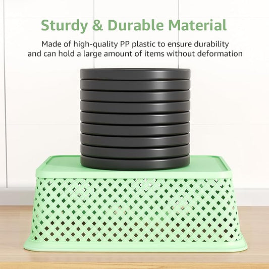 MaxGear 3 Pack Plastic Storage Baskets, Large, Green | Durable Woven Plastic with Built-In Handles, Suitable for Shelves, Closets, Cabinets, Bathrooms and Offices