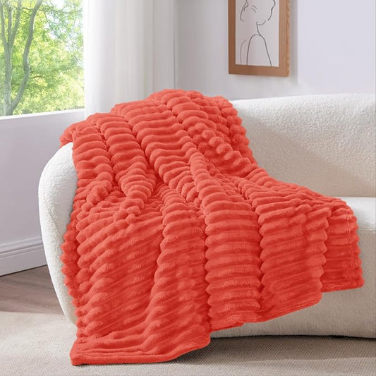 BEDELITE Fleece Throw Blanket for Couch - 300GSM Soft & Warm Fluffy Coral Red Blanket, Decorative and Giftable Striped Blankets for Women, Men, 50"x60"
