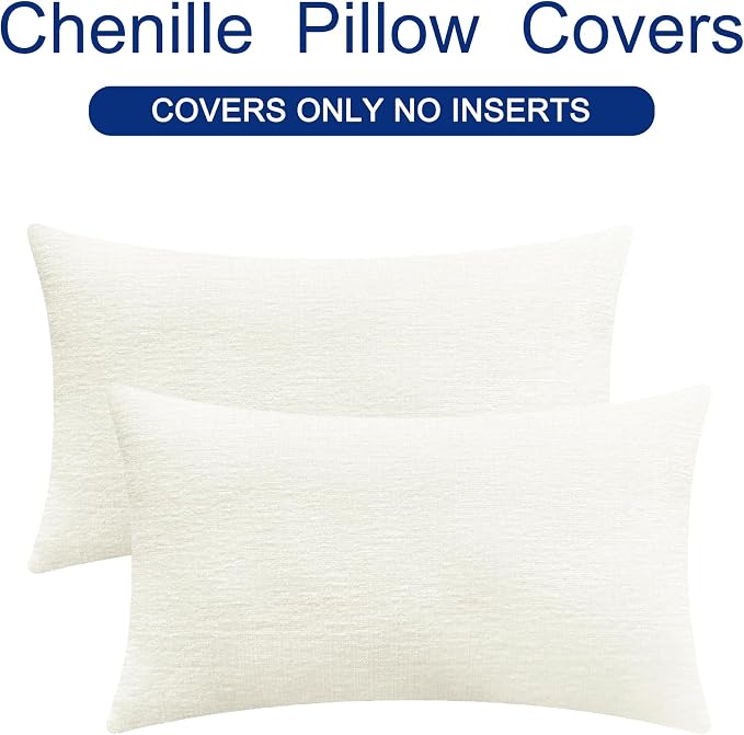 CaliTime Throw Pillow Covers Decorative 16 X 26 Inches Pack of 2 Cozy Chenille Cushion Cases for Couch Sofa Bed Living Room Home Cream