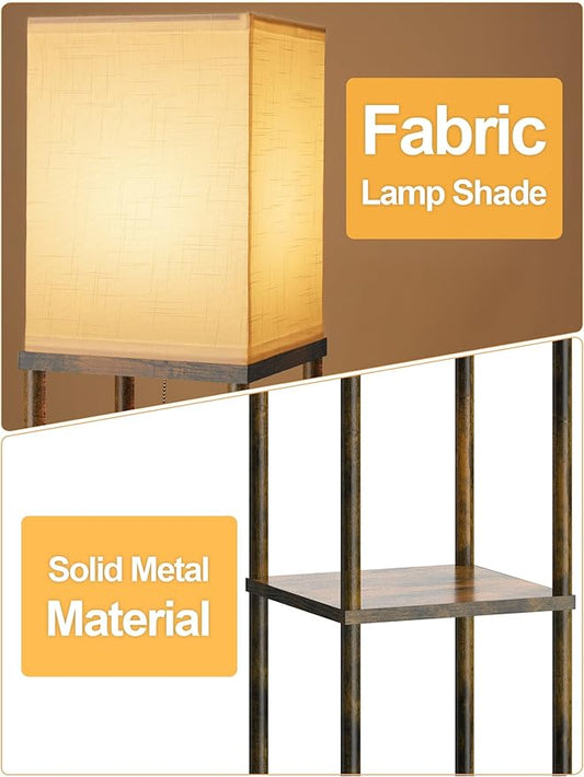 Floor Lamp with Shelves for Living Room Brown, Shelf Floor Lamp with 3 CCT LED Bulb, Corner Display Standing Column Lamp Etagere Organizer Tower Nightstand with White Linen Shade for Bedroom