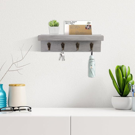 HRONRAD Rustic Key Holder for Wall, Farmhouse Wall Shelf with 4 Hooks, Wall Mounted Key Racks, Wooden Mail Organizer with Hooks for Entryway (Grey)