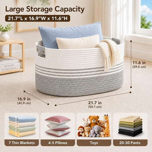 AINUOQI Laundry Basket with Handles - Blanket Basket & Hampers for Bedroom Aesthetic, Laundry Hamper & Blanket Storage for Living Room, Clothes Hamper, Tall, Large 21.7" x 16.9" x 11.8”, Grey