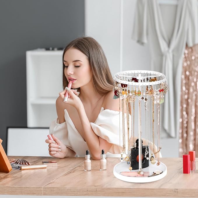 360 Rotating 2-Tier Jewelry Organizer Stand, Large Earring Holder Organizer with 48 Holes for Studs,24 Prongs for Necklaces, Wide Base for Bracelets, Watches, Lipstick, Jewelry Display Stand for Women