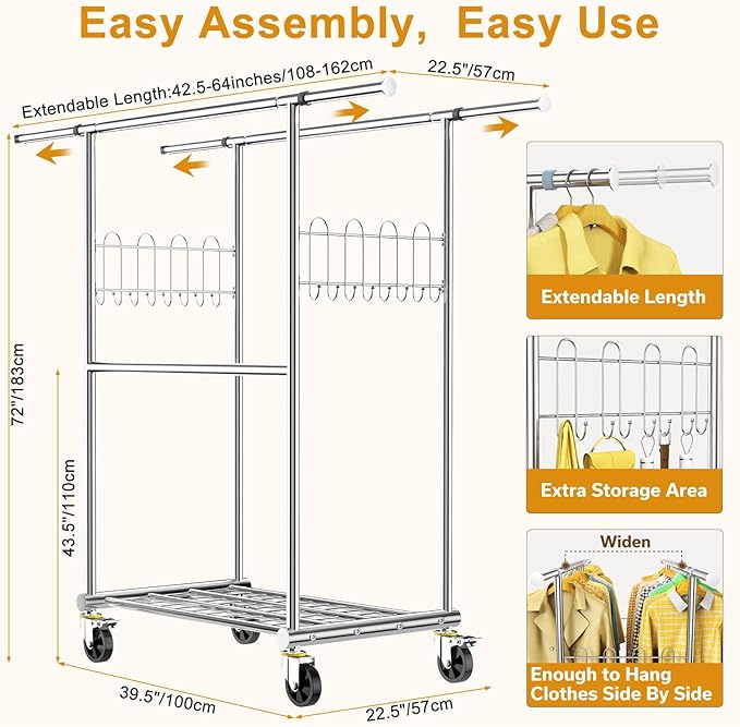 100% Stainless Steel Heavy Duty Clothes Rack Load 960LBS, Three Rods Clothing Racks for Hanging Clothes Extendable,Rolling Garment Rack With Sturdy Wheels Shelves Hooks, Portable Closet Wardrobe Rack