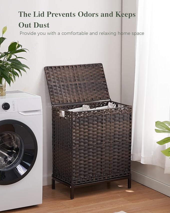 SETVSON Laundry Hamper with Lid, 112 L Handwoven Rattan Wicker Laundry Basket, 2 Removable Liner Bags Metal Heightened Feet, 6 Mesh Bags, 2 Section Large Clothes Hamper for Bathroom Bedroom, Brown