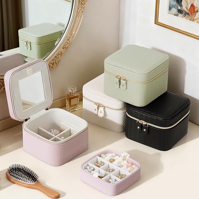 DesignSter Travel Jewelry Case for Woman, Small Travel Jewelry Box with Mirror,4.72×4.72×3.54 inches,Portable Design Travel Jewelry Organizer,Double Headed Zipper