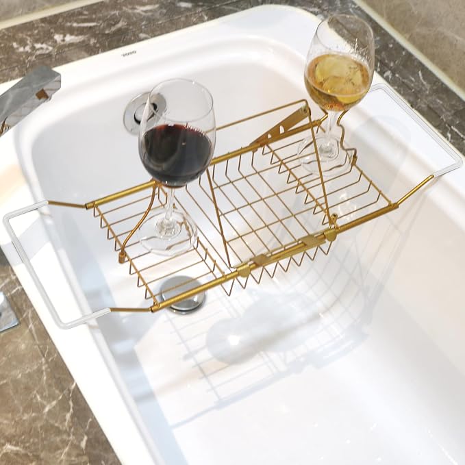 BDL Bathtub Caddy Expandable Bath Tub Tray Table with Wine Holder, Free Soap Dish and Laptop Reading Rack, Bathtub Tray for Home(Bronze)