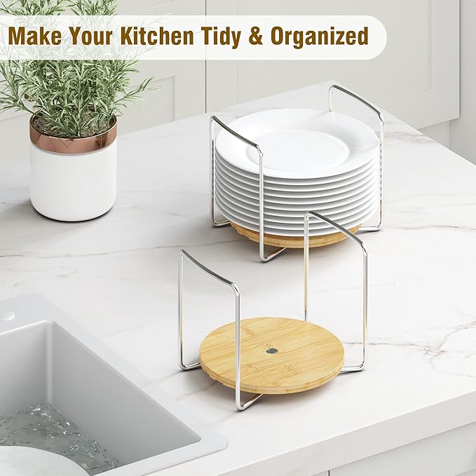 Dish Rack for Kitchen Counter - Bamboo Plate Organizer for Cabinet Space Saver, 2Pcs Adjust 8.5" to 12.5" Stainless Steel Plate and Bowl Holder with Portable Handle for Drawer Cupboard Shelf RV