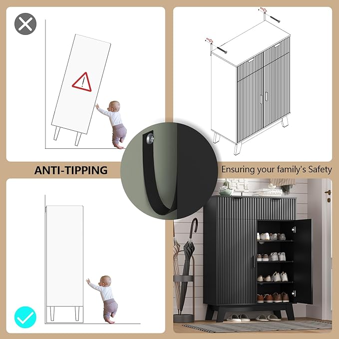 Shoe Cabinet Storage for Entryway, 4 Tier Fluted Shoe Storage Cabinet with 2 Drawers, Narrow Hidden Shoe Organizer with Adjustable Shelves, Freestanding Shoe Rack for Entryway, Hallway, Black