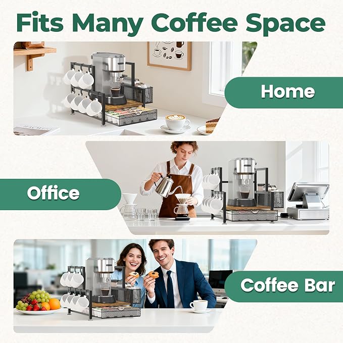 EsLuker.ly Coffee Bar Station Organizer with K Cup Drawer, Pod Holder Storage Rack with 7 Mug Hooks for Countertop, Wooden Coffee Machine Maker Stand for Home Office, Space-Saving for Coffee Lovers