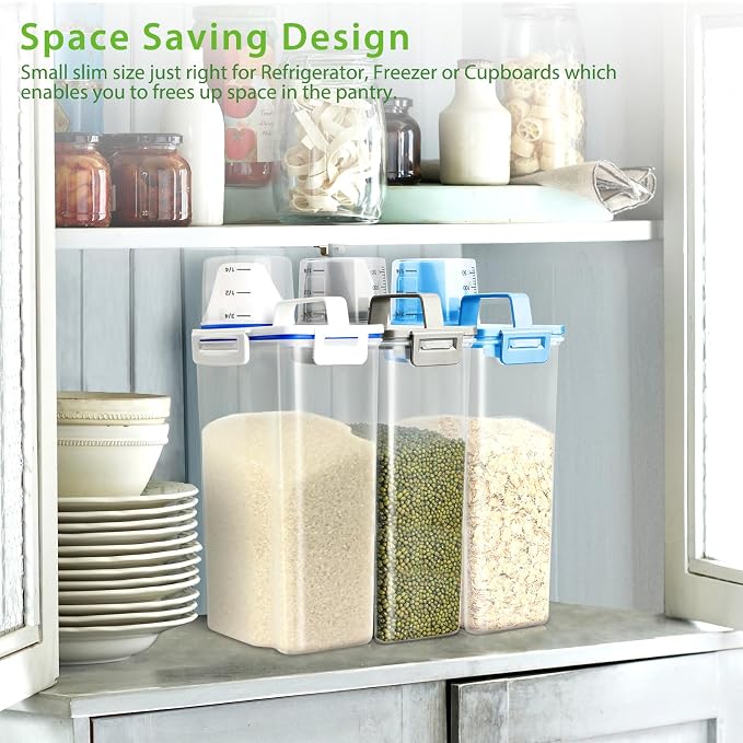 Viretec Rice Airtight Storage Container, 3 to 5Lbs Cereal Dry Food Flour Bin, Pet Dog Cat Food Dispenser with Measuring Cup, BPA Free Clear Plastic Kitchen and Pantry Organization Bin for Sugar, Pasta