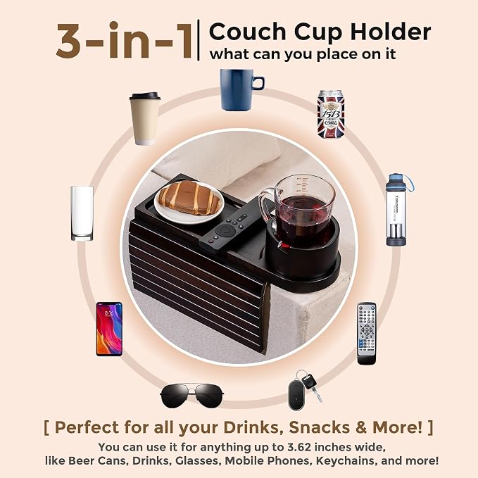 Couch Cup Holder Tray for Armrests Over 4.9" Wide, Bamboo Couch Arm Tray with 360° Rotating Phone Stand, 3 in 1 Foldable Sofa Arm Tray Table for Remote, Snacks, Phone, Drinks Black
