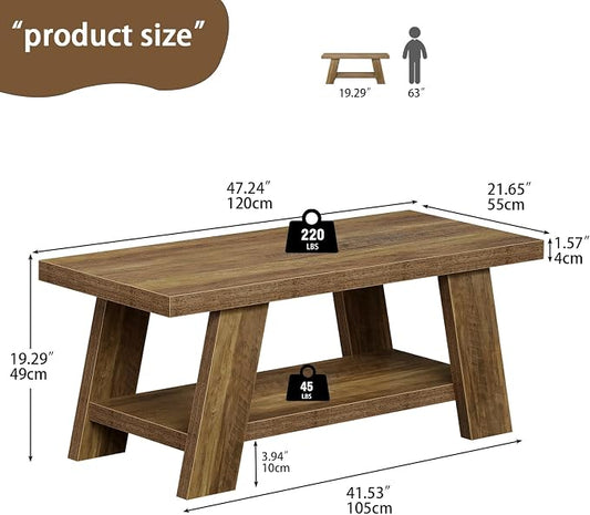 Tohomeor 47.24" Coffee Table for Living Room, Farmhouse Solid Wood Coffee Table with Storage, Rectangle Rustic Accent Center Table with for Home Apartment Office, Retro Brown