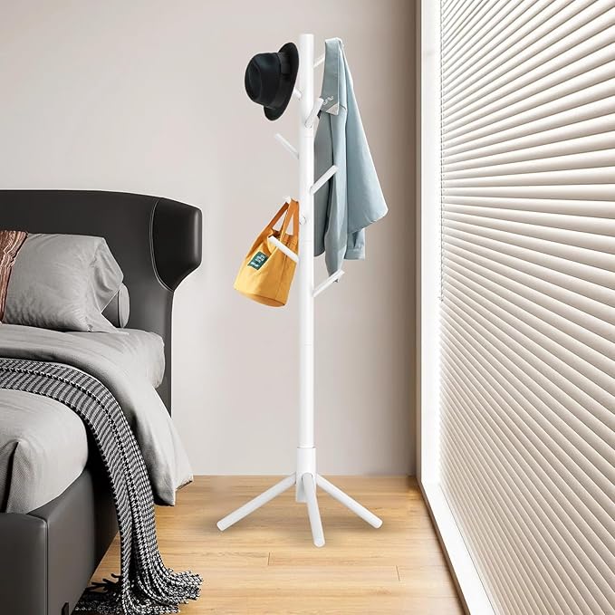 Wooden Coat Rack Stand, Freestanding Coat Rack with 8 Hooks, 3 Adjustable Size Coat Tree for Hats, Coats, Scarves bags, Coat Hanger Stand Used in Bedroom/Office/Entryway (White)
