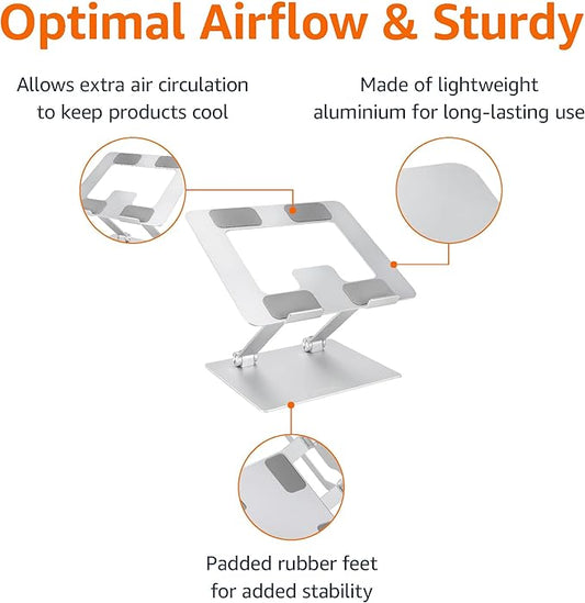 Amazon Basics Sturdy and Portable Ergonomic Laptop Stand for Desk, Height Adjustable Riser with Ventilated Cooling, Foldable, Fits all Laptops up to 15.6 Inch, Silver