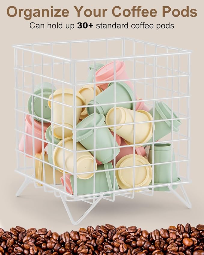 FantasyLife K Cup Holder Organizer, 5.3" x 5.3" x 6.3" Coffee Pod Storage Basket, Coffee Bar Accessories Metal Basket, Large Capacity Countertop Organizer for Kitchen Counter & Office Desktop (White)