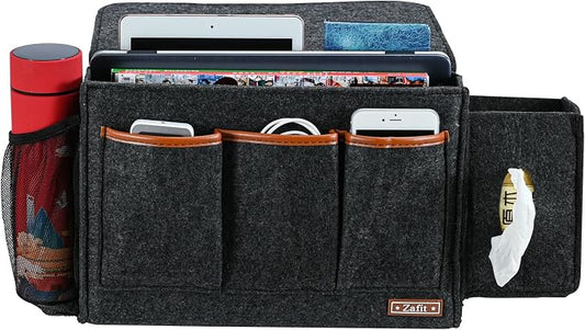 Zafit Bedside Caddy, Large Size Storage Organizer - Bedside Organizer for Magazine, Remotes, Phone (13.4'' x 18.1'' Tissue Box Holder, Dark Grey)