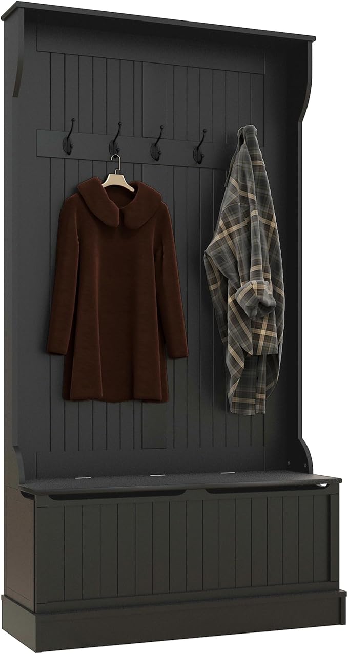 HOMCOM 3-In-1 Hall Tree with Shoe Storage, Standing Coat Rack with Shoe Bench, Entryway Organizer with Five Hooks, Black