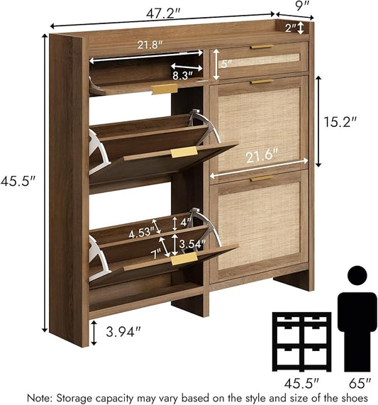 HOKYHOKY Large Rattan Shoe Storage Cabinet with 4 Flip Drawers & 2 Storages–Hidden Slim Shoe Organizer for Entryway, Large Tabletop Space, Farmhouse Boho Narrow Shoe Rack, Rustic Oak