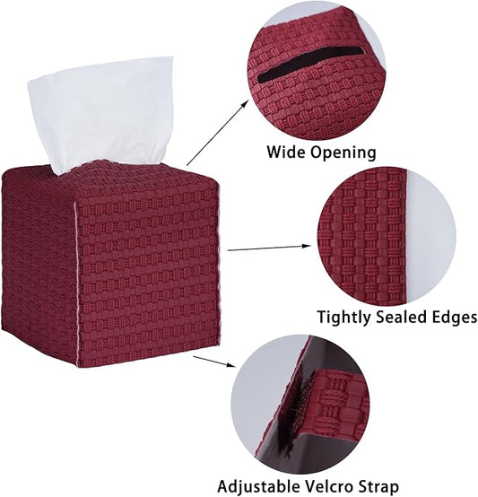 Tissue Box Cover 2-Pack, Square Tissue Holder with Bottom Belt, Modern Tissue Case Facial Paper Organizer Dispenser for Bathroom, Office, Home, Table, Car, Woven Pattern Red