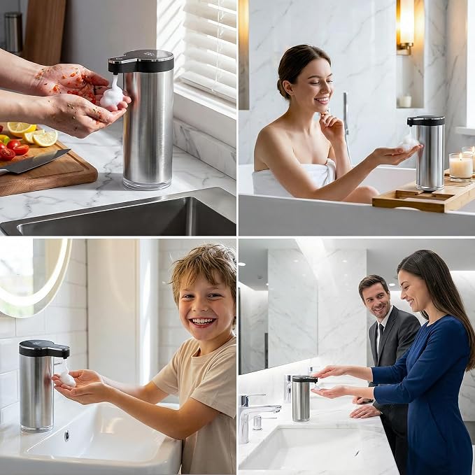 Automatic Foaming Soap Dispenser Touchless, Stainless Steel Hand Soap Dispenser, USB Rechargeable, 4 Adjustable Levels, 11.8oz/350ml for Kitchen and Bathroom (Stainless Steel Black, Foam)