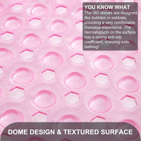 TEESHLY Bath Tub and Shower Mats, Non Slip 40 x 16 Inch Extra Large Bathtub Mat, Machine Washable Bathmat with Drain Holes, Suction Cups for Bathroom Floor, Clear Pink