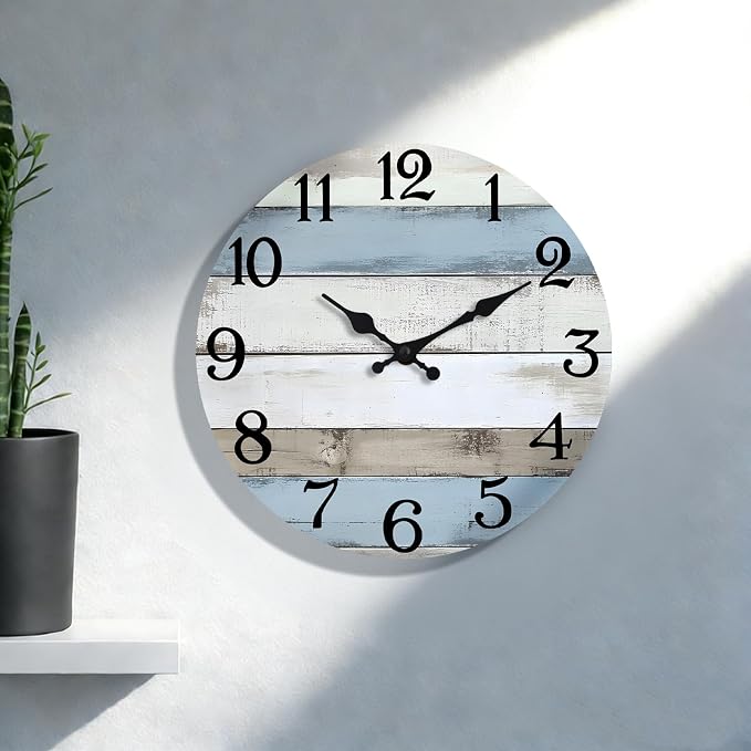 JoFomp 10 Inch Wooden Wall Clocks Battery Operated, Silent Wall Clock Non Ticking, Coastal Country Design Rustic Wall Clocks for Living Room Decor, Small Wall Clock for Bedroom Kitchen Bathroom