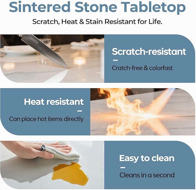 Dining Table, Sintered Stone Kitchen Table, 55'' White Modern Rectangular Slate Patio Table with Metal Legs, Indoor Outdoor Stone Dining Table for Patio, Backyard, Scratch and Heat Resistant