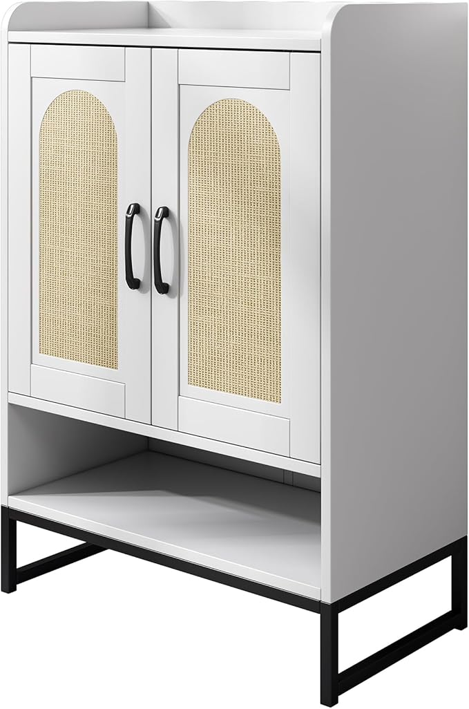 Shoe Cabinet Storage for Entryway, Wooden Shoe Cabinet with 2 Rattan Doors and Adjustable Shelves, Tall Shoe Rack Cabinet for Hallway, Living Room, Modern (White)