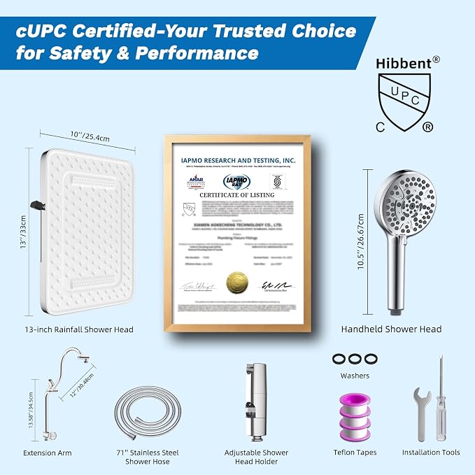 Hibbent cUPC Certified 13'' Shower Head Combo, High Pressure 5 Spray White Rainfall Showerhead, 10 Spray Handheld, All Metal Easy Reach 4-way Diverter Arm with Pause Mode, 71'' Hose and Holder, Chrome