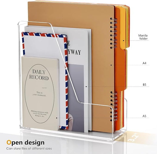 SANRUI 2-Pack Acrylic Magazine File Holder Desk Organizer Magazine Rack, Clear, Vertical File Sorter Holders, 9.45" D x 3.54" W x 10.24" H