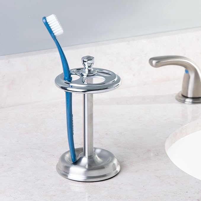 iDesign Toothbrush Holder for Bathroom - 4-Section Toothbrush Stand for Countertop, 2-Pack, Chrome/Brushed