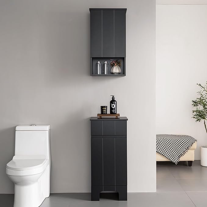 Small Bathroom Cabinet with Adjustable Shelves, Drawer, Anti-Tip Design, 14.96" L x 11.81" W x 32.09" H, Durable MDF for Bathroom, Kitchen, Laundry Storage, Soft-Close Door