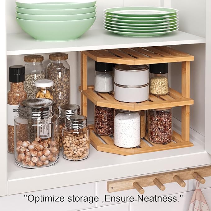 3 Tier Bamboo Corner Shelf,Dish Drying Rack,Plate Organizer,Kitchen Spice Rack for Countertop and Cabinet