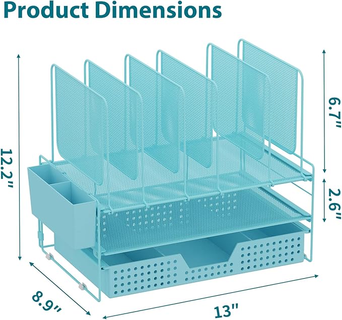 Blue Desk Organizer, Office Organization with Vertical File Holder, File Organizer with Drawer and Pen Holder, Desk Accessories and Workspace Organizers for Home Office (Sky Blue)