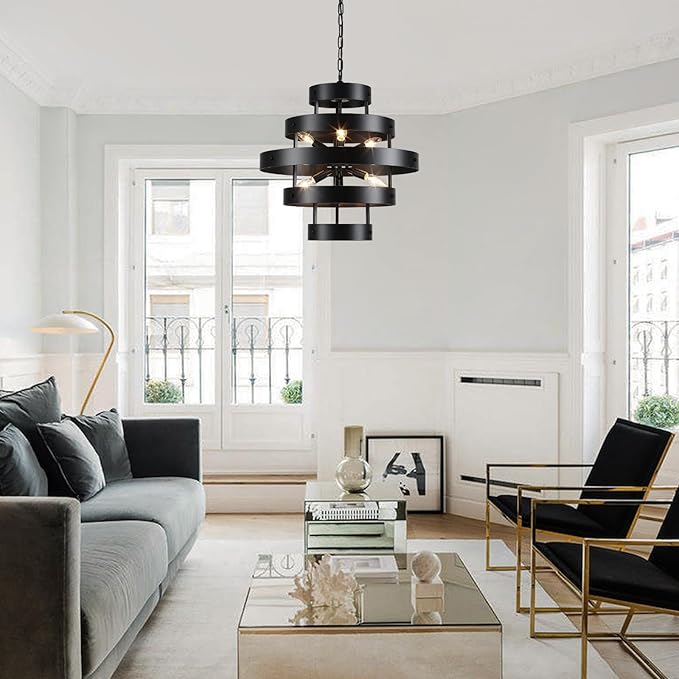 Modern Dining Room Light Fixture Over Table, 6-Light Black Farmhouse Chandelier Industrial Round Metal Rustic Chandeliers Lighting for Kitchen Living Room Entryway Hallway