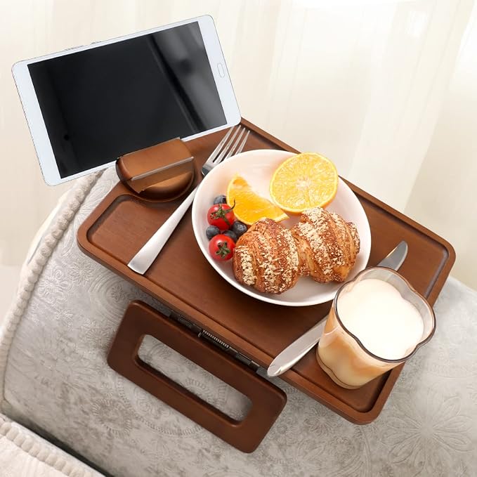 Smatdecis Couch Arm Tray Table Sofa Arm Clip, Armrest Tray Table Suitable for Home Drinks/Fast Food/Fruit Etc, Large Size Multi-Function Brown(360° Rotating Stand A)