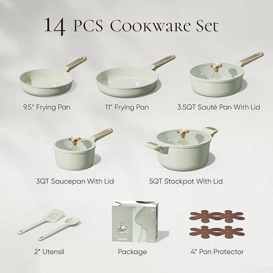 CAROTE Ceramic Cookware Set Nonstick, 14pcs Pots and Pans Set Nonstick, Non-Toxic & PFAS-Free, Dishwasher, RV/Camping Cookware Set, Cooking Pots with Lids, Sage Green