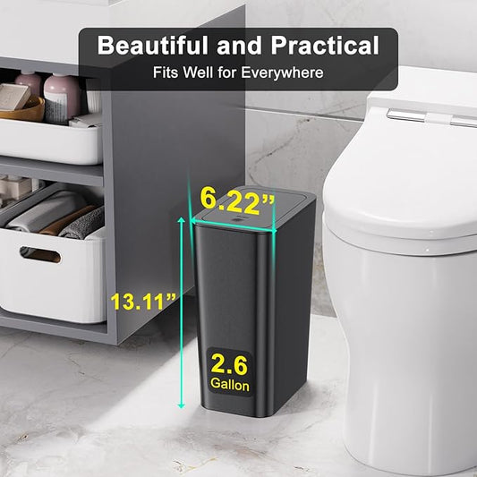 N. NETDOT 3 Pack 10 L/2.6 Gal Bathroom Trash Can with Lid, Small Kitchen Trash Bin with Press Type Lid, Black Trash Can/Slim Garbage Cans/Trash Bin/Waste Basket for Bathroom,Kitchen,Office,Bedroom