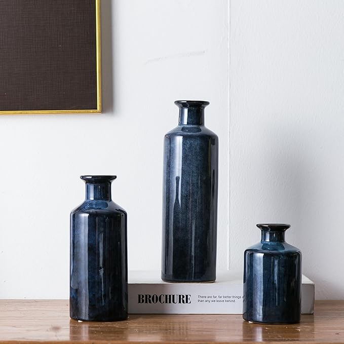 Blue Ceramic Vase Set of 3, Modern Farmhouse Small Vases, Rustic Terracotta Bottles for Living Room Fireplace, Centerpiece Table Decor