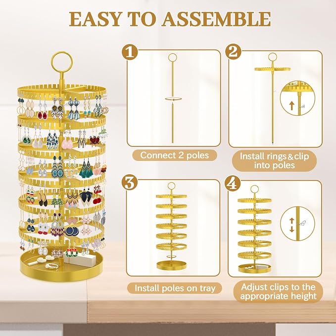 MODOWEY 6 Tier Rotating Earring Holder Organizer Display Tree with Metal Tray, Adjustable Plastic Stand with 342 Slots for Stud Hoop Hanger, Large Capacity Storage Rack for Women Space-Saving, Gold