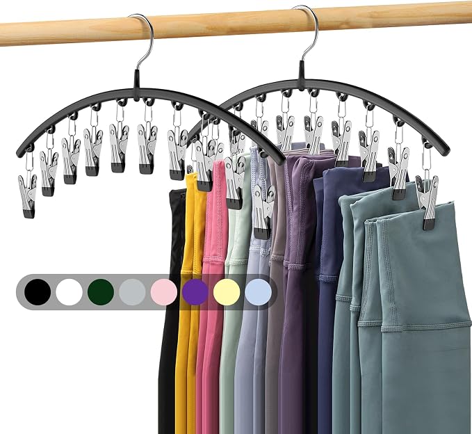 Volnamal Legging Organizer for Closet, 2 Pack Metal Yoga Pants Hangers w/10 Clips Holds 20 Leggings, Space Saving Hanging Closet Organizer w/Rubber Coated Closet Organizers and Storage, Black