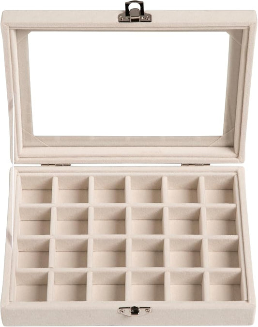Frebeauty 24 Grid Jewelry Tray,Velvet Stud Earring Organizer,Small Jewelry Organizer with Clear Lid,Lockable Earring Holder Organizer Jewelry Boxes & Organizer Ring Holder for Women & Girls(Beige)