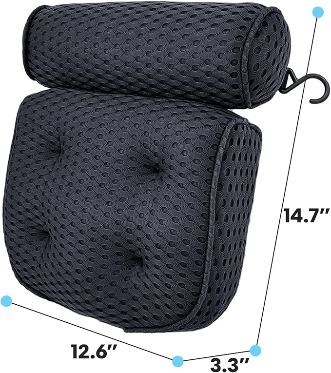 AEROiVi Luxury Bath Pillows for Tub,Bath Pillow Bathtub Pillows for Head and Neck Support Bath Cushion Made from Soft Spacer Mesh Material with Suction Cups,Black