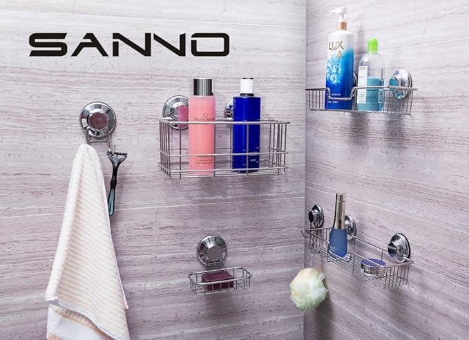 SANNO Suction Cup Shower Caddy Storage Combo Organizer, No Damage Bath Shelf Suction Cup Shower Basket,Rustproof Wire Bathroom Accessories - Rustproof Stainless Steel