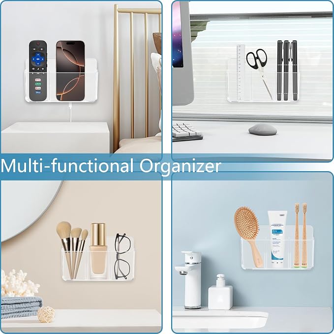 3 Compartments Remote Control Holder Wall Mount, TV Controller Holder, Self Adhesive Remote Holder, Wall Pen Holder Storage Accessories for Home Office School (Clear)