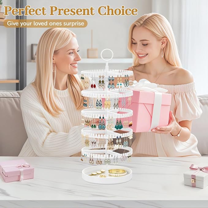 MODOWEY 5 Tier Rotating Earring Holder Organizer Display Tree with Metal Tray, Adjustable Plastic Stand with 285 Slots for Stud Hoop Hanger, Large Capacity Storage Rack for Women Space Saving, White