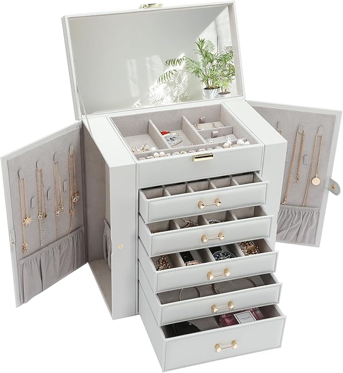 Large Jewelry Box,Jewelry Organizer Box with 5 Drawers,6-Tier Jewelry Boxes Organizers Jewelry Storage Case with Mirror,Extra Large Jewelry Boxes for Women(Grey)