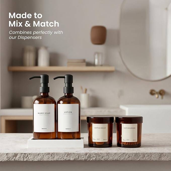 Maisonovo Glass Bathroom Containers with Lids (Airtight) - Qtip Holder - Apothecary Jars for Cotton Rounds, Swabs, Balls, Pads - Amber Q Tip Dispenser - 2 pcs Bathroom Canisters Set for Organization